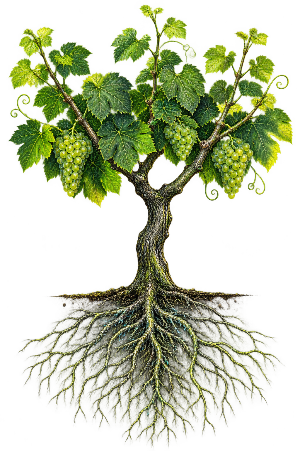 Complete grapevine with soil, vigor, canopy, and fruit measurement points